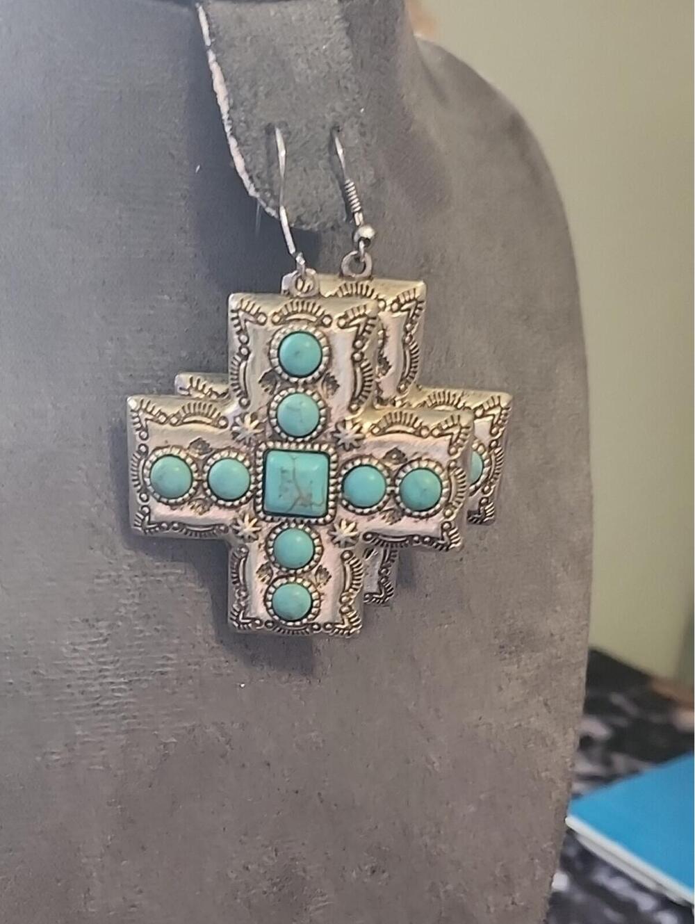 Southwestern Turquoise and silver Colored Cross Earrings